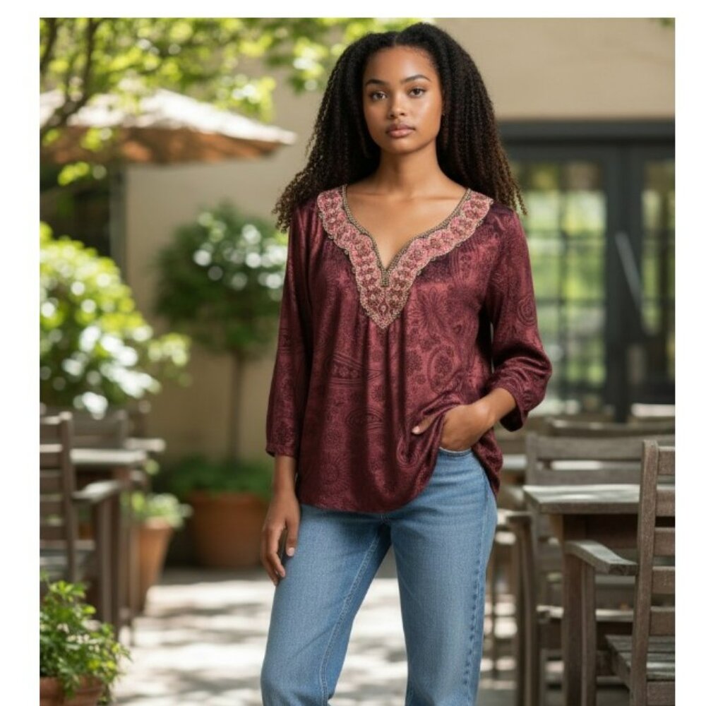 Soft Surroundings Burgundy Velvet with Beading V Neck Long Sleeve Boho Top‎
